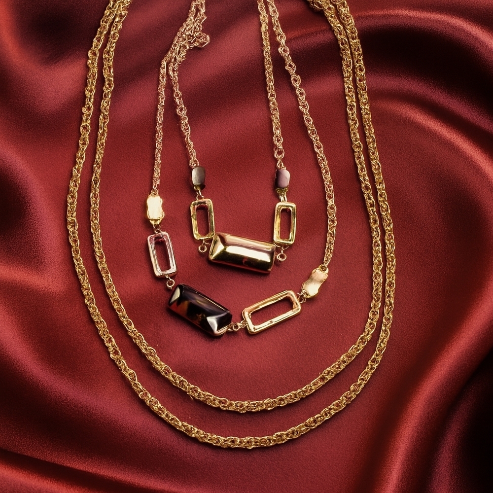 Rose Gold & Black Hammered Enamel Multi-Strand Necklace – Twisted Rope Chains